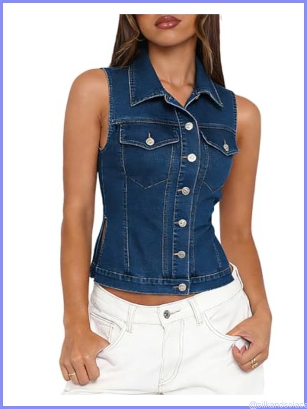 Women's Denim Vest Top Button Down Slim Fit Sleeveless Jean Jacket Layering